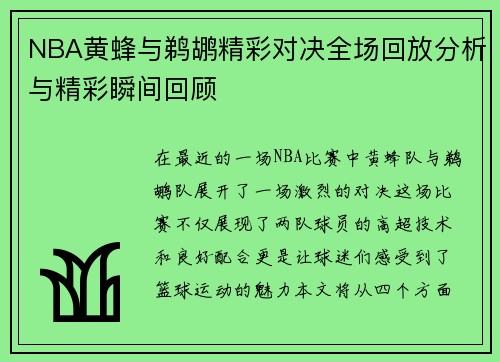 NBA黄蜂与鹈鹕精彩对决全场回放分析与精彩瞬间回顾